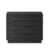 Beautifully minimalist. A three-drawer dresser made from black-finished ash  features long, linear bronzed hardware for a smooth, clean look Amethyst Home provides interior design, new home construction design consulting, vintage area rugs, and lighting in the Miami metro area.