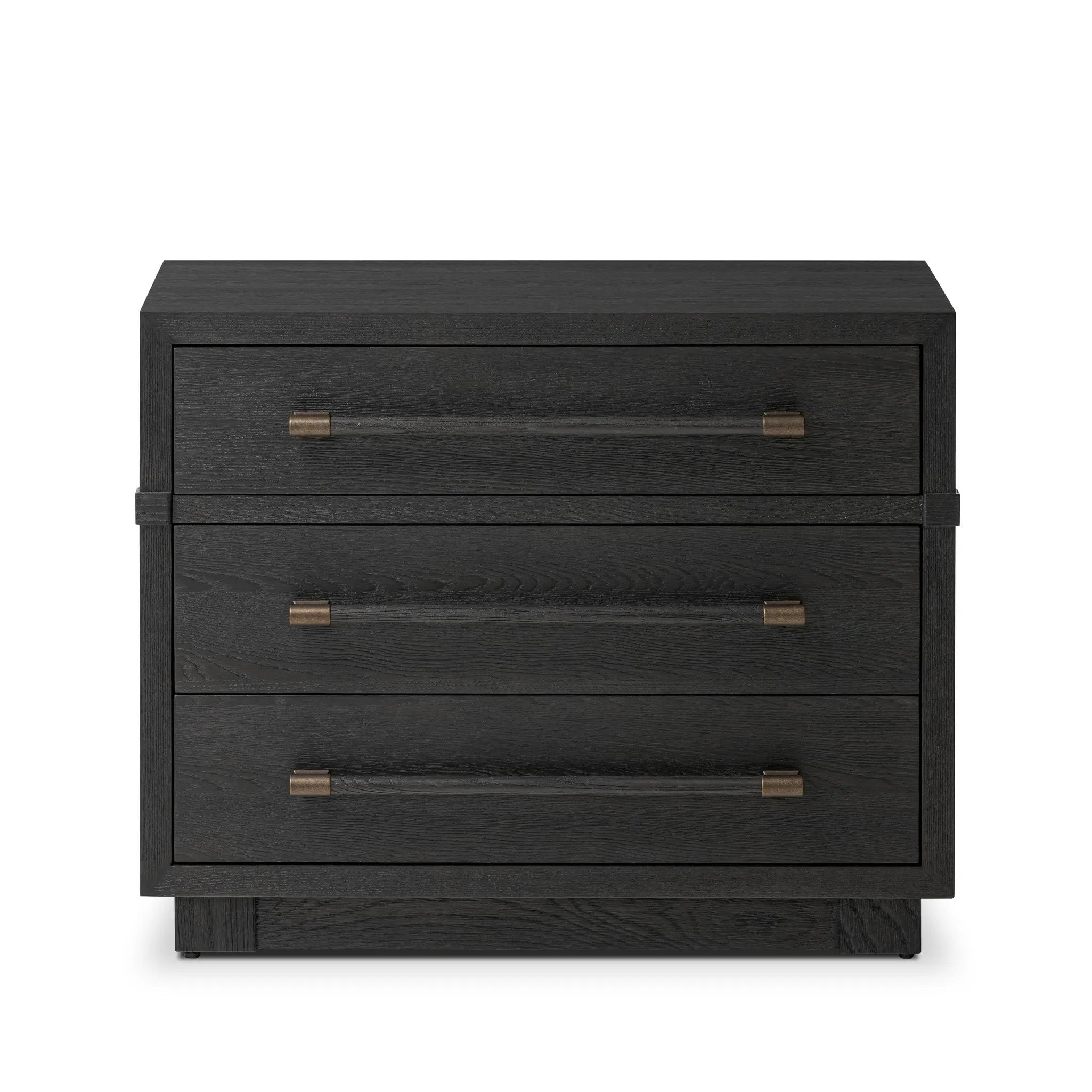 Beautifully minimalist. A three-drawer dresser made from black-finished ash  features long, linear bronzed hardware for a smooth, clean look Amethyst Home provides interior design, new home construction design consulting, vintage area rugs, and lighting in the Miami metro area.