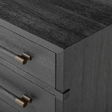 Beautifully minimalist. A three-drawer dresser made from black-finished ash  features long, linear bronzed hardware for a smooth, clean look Amethyst Home provides interior design, new home construction design consulting, vintage area rugs, and lighting in the Monterey metro area.