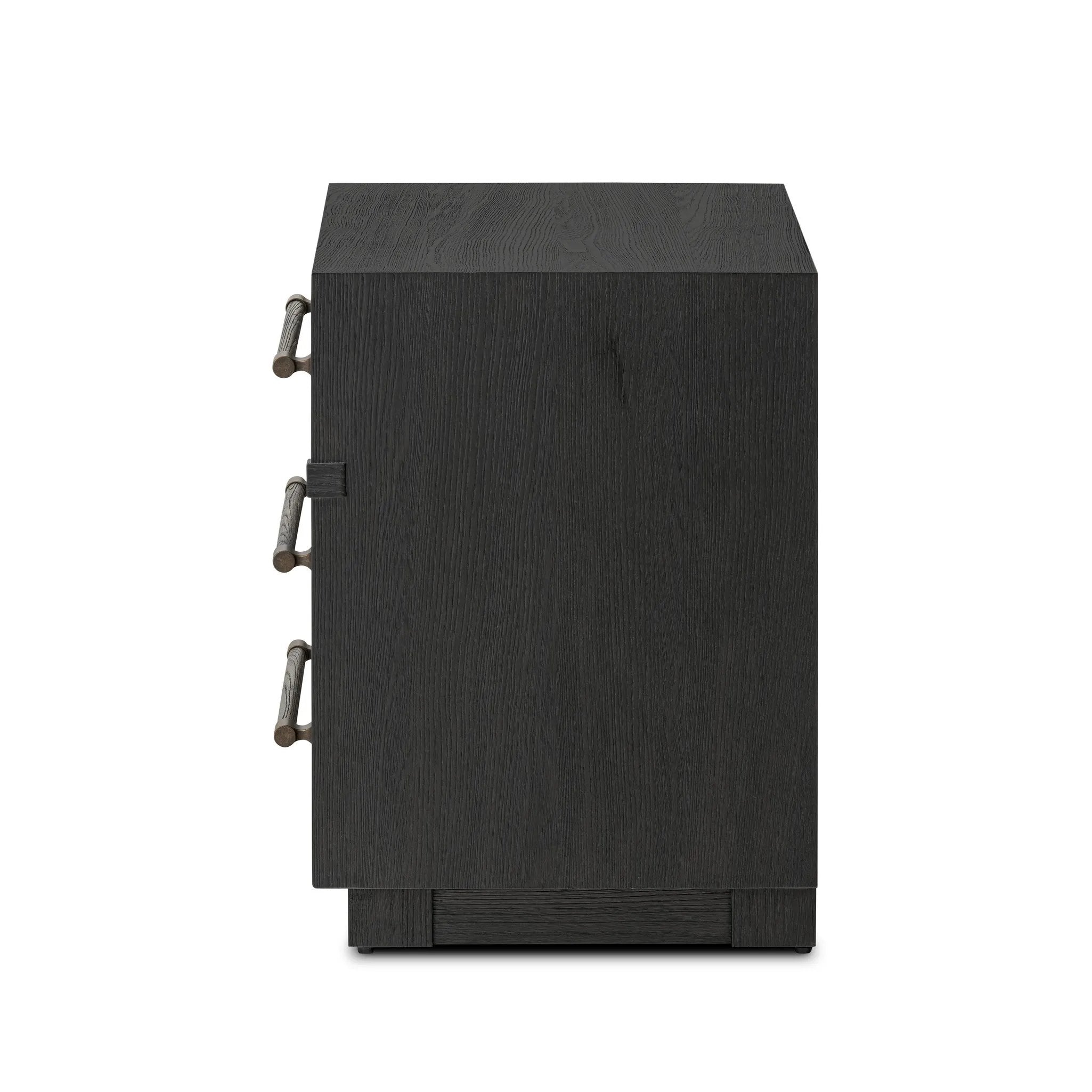 Beautifully minimalist. A three-drawer dresser made from black-finished ash  features long, linear bronzed hardware for a smooth, clean look Amethyst Home provides interior design, new home construction design consulting, vintage area rugs, and lighting in the Nashville metro area.