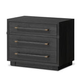 Beautifully minimalist. A three-drawer dresser made from black-finished ash  features long, linear bronzed hardware for a smooth, clean look Amethyst Home provides interior design, new home construction design consulting, vintage area rugs, and lighting in the Salt Lake City metro area.