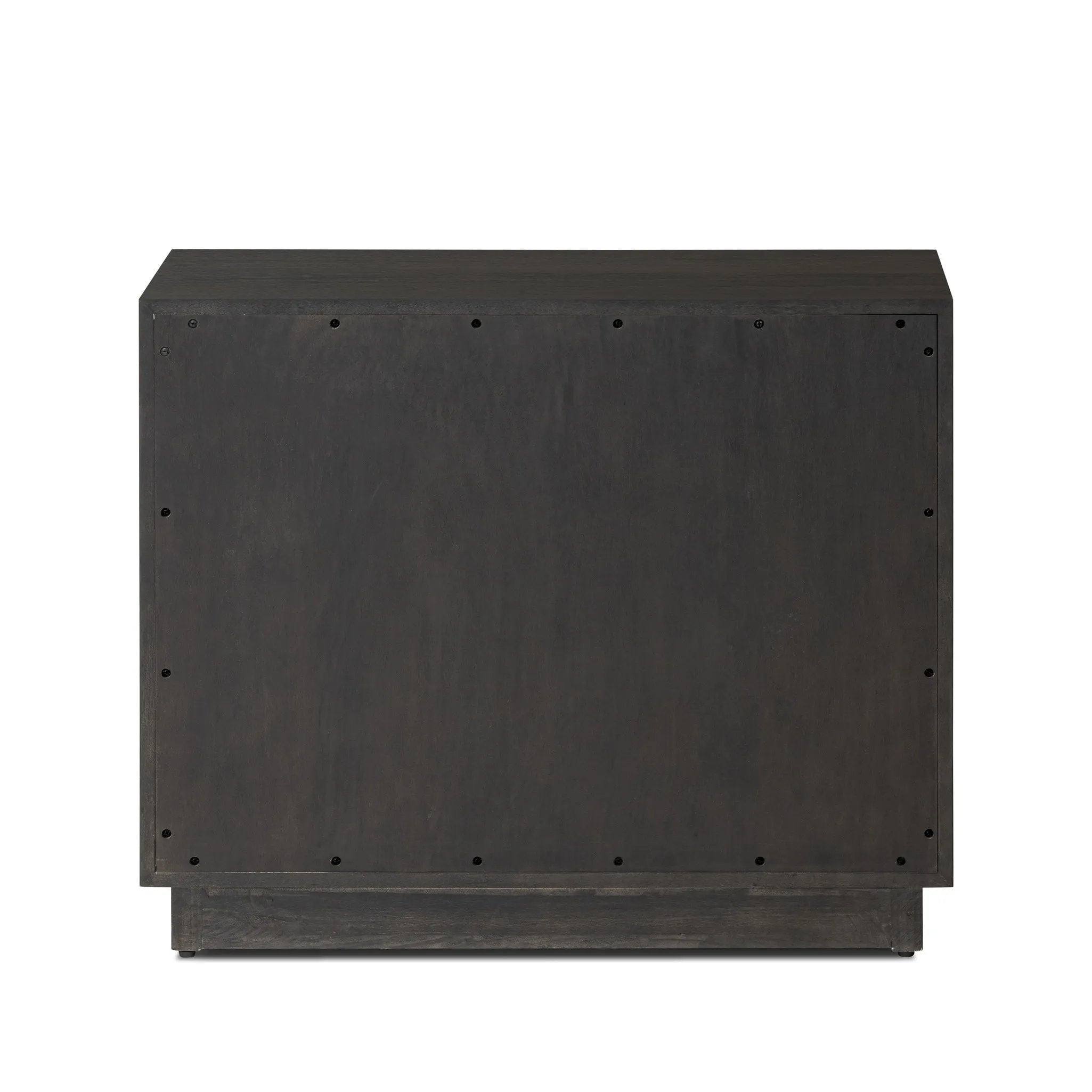 Beautifully minimalist. A three-drawer dresser made from black-finished ash  features long, linear bronzed hardware for a smooth, clean look Amethyst Home provides interior design, new home construction design consulting, vintage area rugs, and lighting in the Tampa metro area.