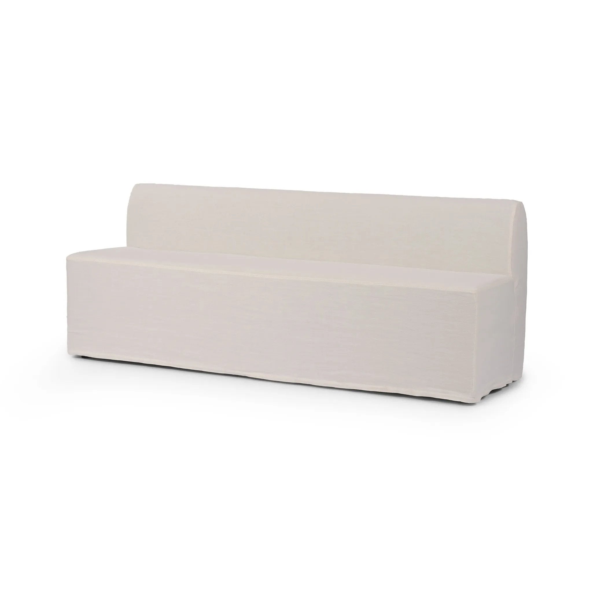 Featuring Ainsworth Broadway Snow Slipcover Dining Bench by Four Hands at Amethyst Home. A sculptural shape with clean lines and oversized dome-shaped arms. Tight construction allows a fully removable, machine-washable slipcover to drape over the entire piece. Slipcover is handmade from a natural, resilient white 100% flax/linen blend; attaches to the frame w. Amethyst Home provides interior design, new home construction design consulting, vintage area rugs, and lighting in the Seattle metro area.