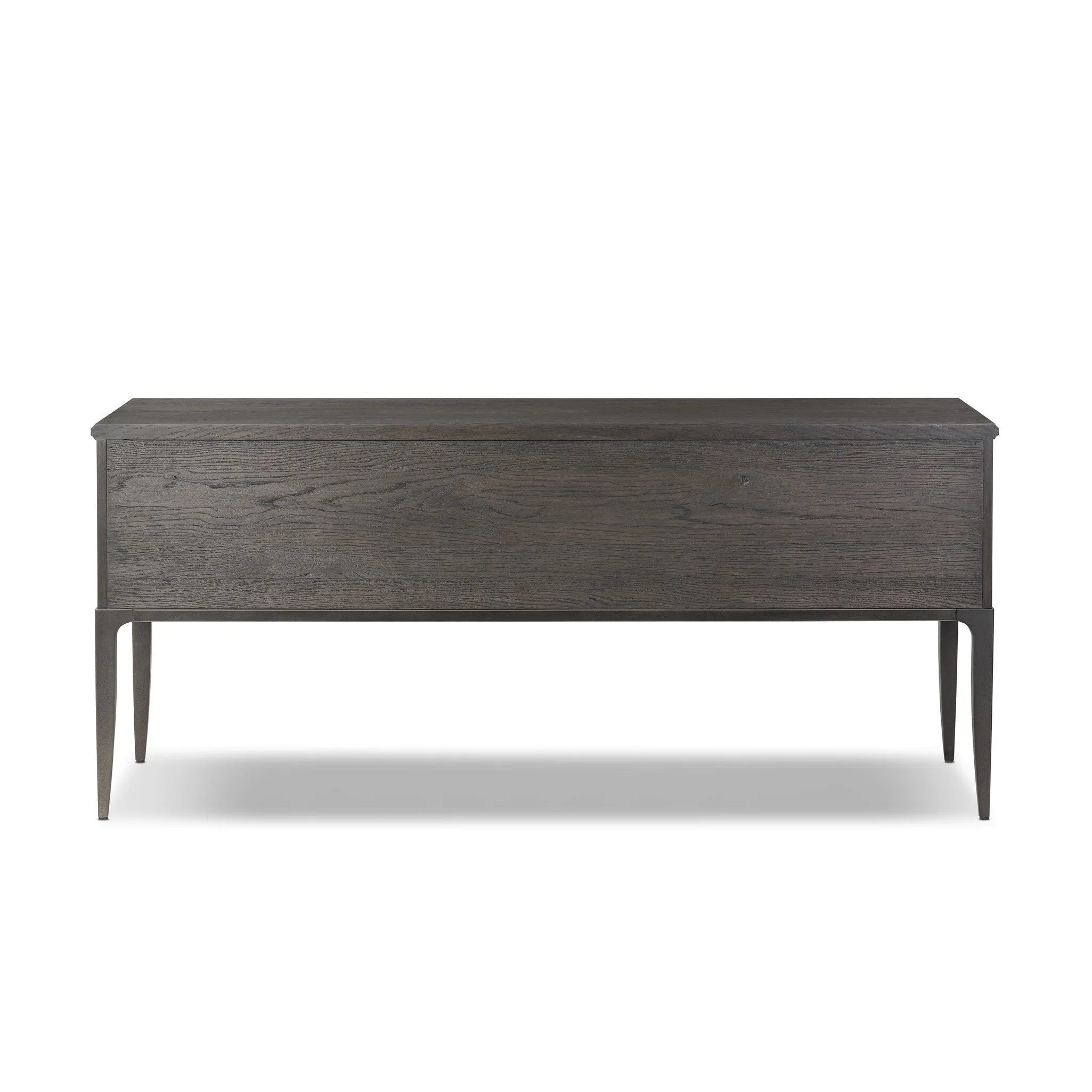 Baroque-period detailing gives this oak desk its  classic look. Made from worn black oak with metal ring pulls on its four drawers, as well as cabriole-like legs to soften the lines Amethyst Home provides interior design, new home construction design consulting, vintage area rugs, and lighting in the Boston metro area.