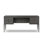 Baroque-period detailing gives this oak desk its  classic look. Made from worn black oak with metal ring pulls on its four drawers, as well as cabriole-like legs to soften the lines Amethyst Home provides interior design, new home construction design consulting, vintage area rugs, and lighting in the Salt Lake City metro area.