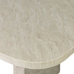 This outdoor dining table features a double pedestal silhouette that's defined by striking contrast between a smooth, refined top and heavily textured legs for a look that's straight from the quarry. It comes together with a water transfer technique on concrete that mimics natural marble. Amethyst Home provides interior design, new home construction design consulting, vintage area rugs, and lighting in the Charlotte metro area.