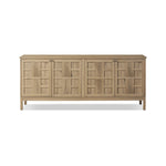 An aged finish plays up oak's natural wood grain, while grid-like patterned doors bring dimension to clean lines. Interior shelving awaits storage of serveware, table linens and more Amethyst Home provides interior design, new home construction design consulting, vintage area rugs, and lighting in the Kansas City metro area.