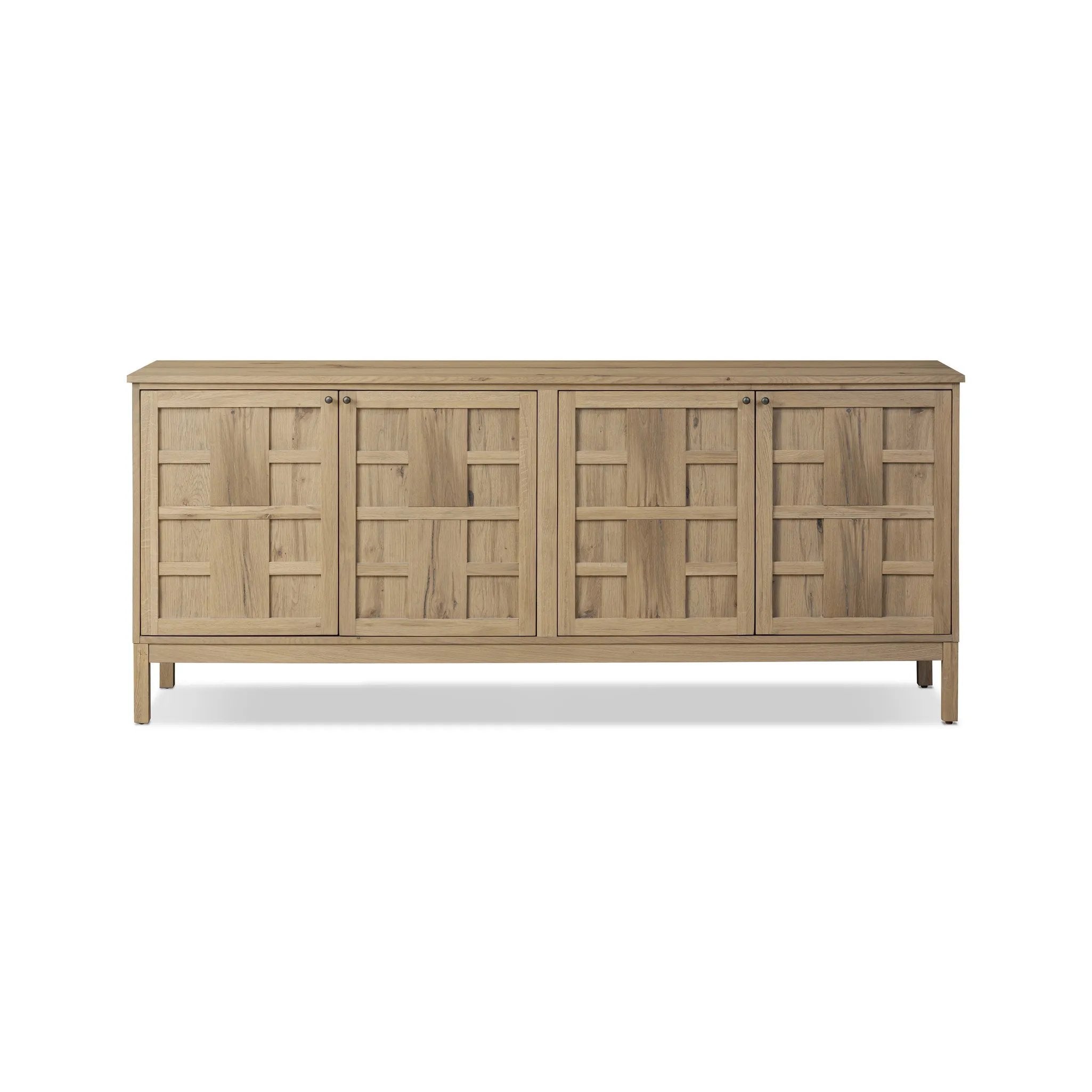 An aged finish plays up oak's natural wood grain, while grid-like patterned doors bring dimension to clean lines. Interior shelving awaits storage of serveware, table linens and more Amethyst Home provides interior design, new home construction design consulting, vintage area rugs, and lighting in the Kansas City metro area.