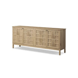 An aged finish plays up oak's natural wood grain, while grid-like patterned doors bring dimension to clean lines. Interior shelving awaits storage of serveware, table linens and more Amethyst Home provides interior design, new home construction design consulting, vintage area rugs, and lighting in the Nashville metro area.