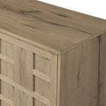 An aged finish plays up oak's natural wood grain, while grid-like patterned doors bring dimension to clean lines. Interior shelving awaits storage of serveware, table linens and more Amethyst Home provides interior design, new home construction design consulting, vintage area rugs, and lighting in the Portland metro area.