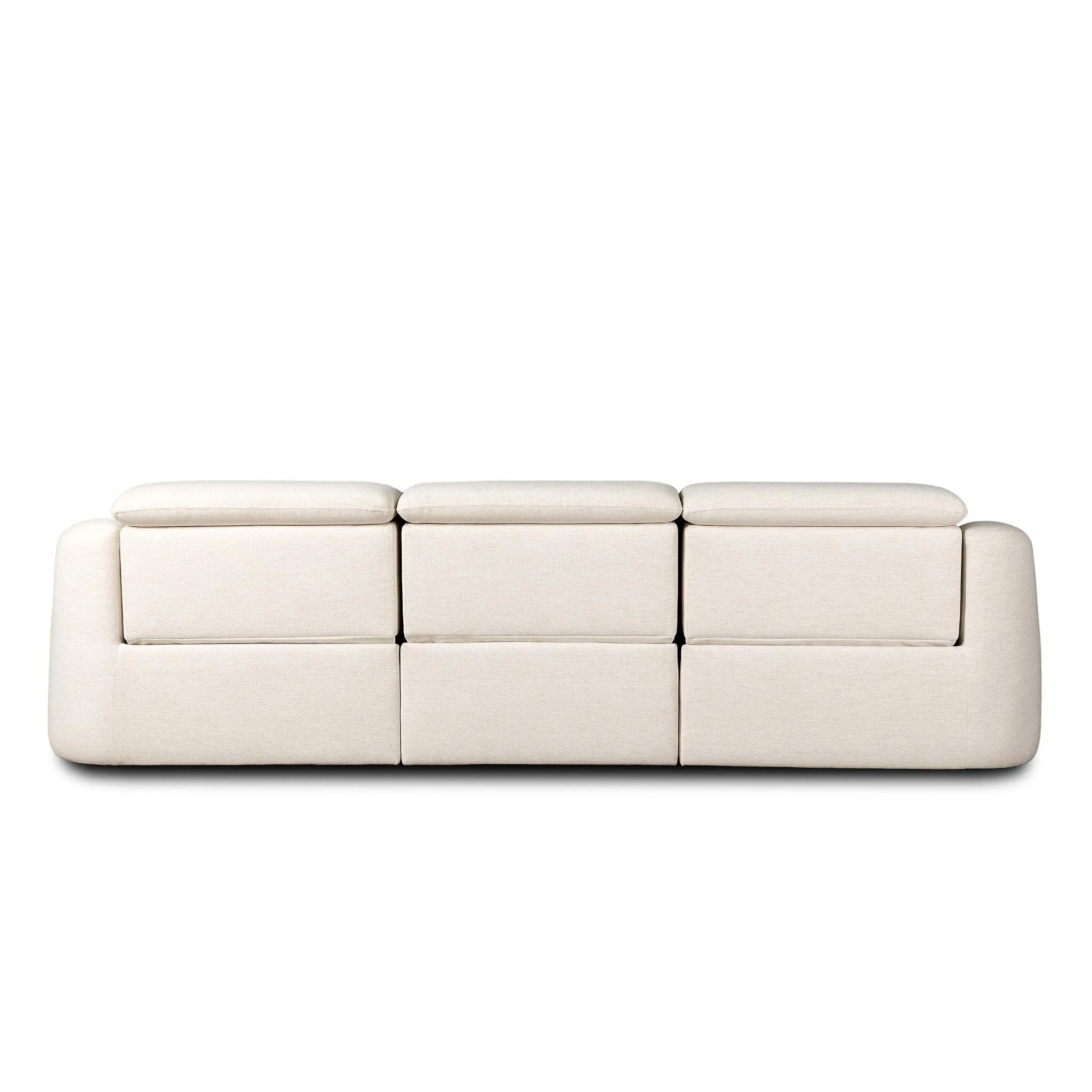 Introducing an Italian-inspired modern sectional with a suite of seating that reclines. Each seat has its very own reclining mechanism so that everyone can sit back and relax. Sectional features waterfall seating, curved arms, adjustable headrests, articulating footrests and rounded back corners. The concealed power motion adjusts comfort level. Amethyst Home provides interior design, new home construction design consulting, vintage area rugs, and lighting in the Calabasas metro area.