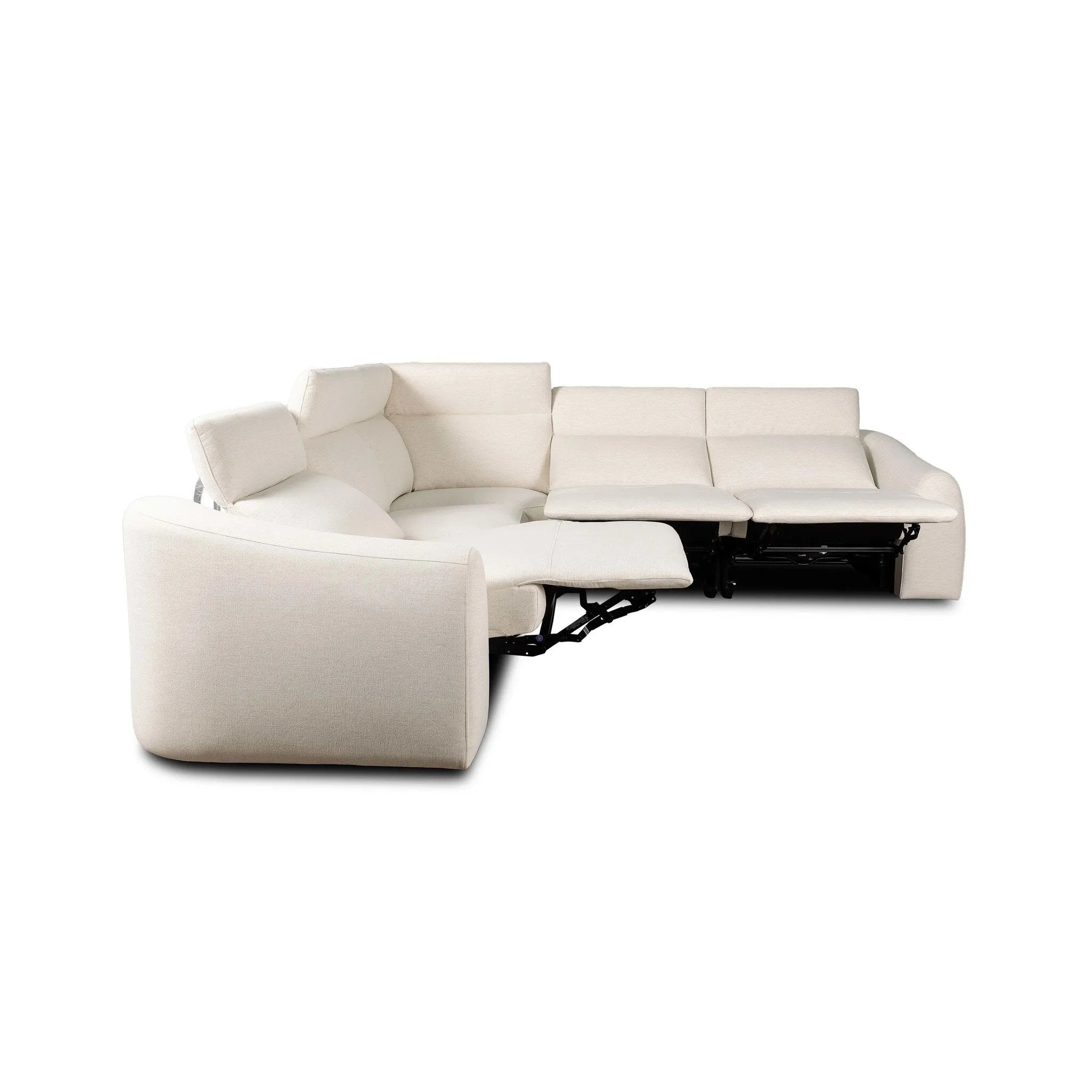 Introducing an Italian-inspired modern sectional with a suite of seating that reclines. Just about every seat on the sofa has its very own reclining mechanism so that everyone can sit back and relax. Sectional features waterfall seating, curved arms, adjustable headrests, articulating footrests and rounded back corners. Amethyst Home provides interior design, new home construction design consulting, vintage area rugs, and lighting in the Seattle metro area.