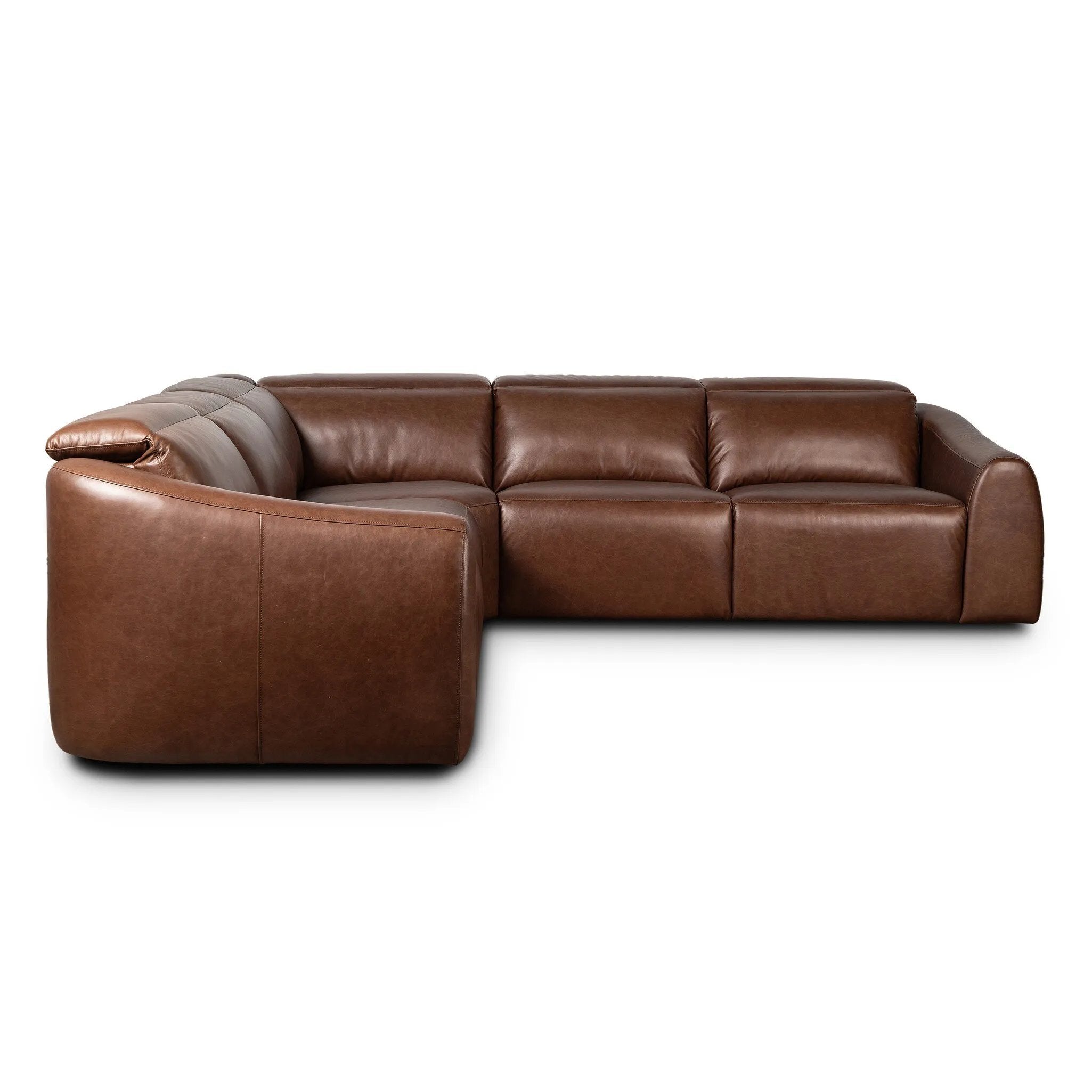 Introducing an Italian-inspired modern sectional with a suite of seating that reclines. Just about every seat on the sofa has its very own reclining mechanism so that everyone can sit back and relax. Sectional features waterfall seating, curved arms, adjustable headrests, articulating footrests and rounded back corners. Amethyst Home provides interior design, new home construction design consulting, vintage area rugs, and lighting in the Laguna Beach metro area.