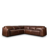Introducing an Italian-inspired modern sectional with a suite of seating that reclines. Just about every seat on the sofa has its very own reclining mechanism so that everyone can sit back and relax. Sectional features waterfall seating, curved arms, adjustable headrests, articulating footrests and rounded back corners. Amethyst Home provides interior design, new home construction design consulting, vintage area rugs, and lighting in the San Diego metro area.