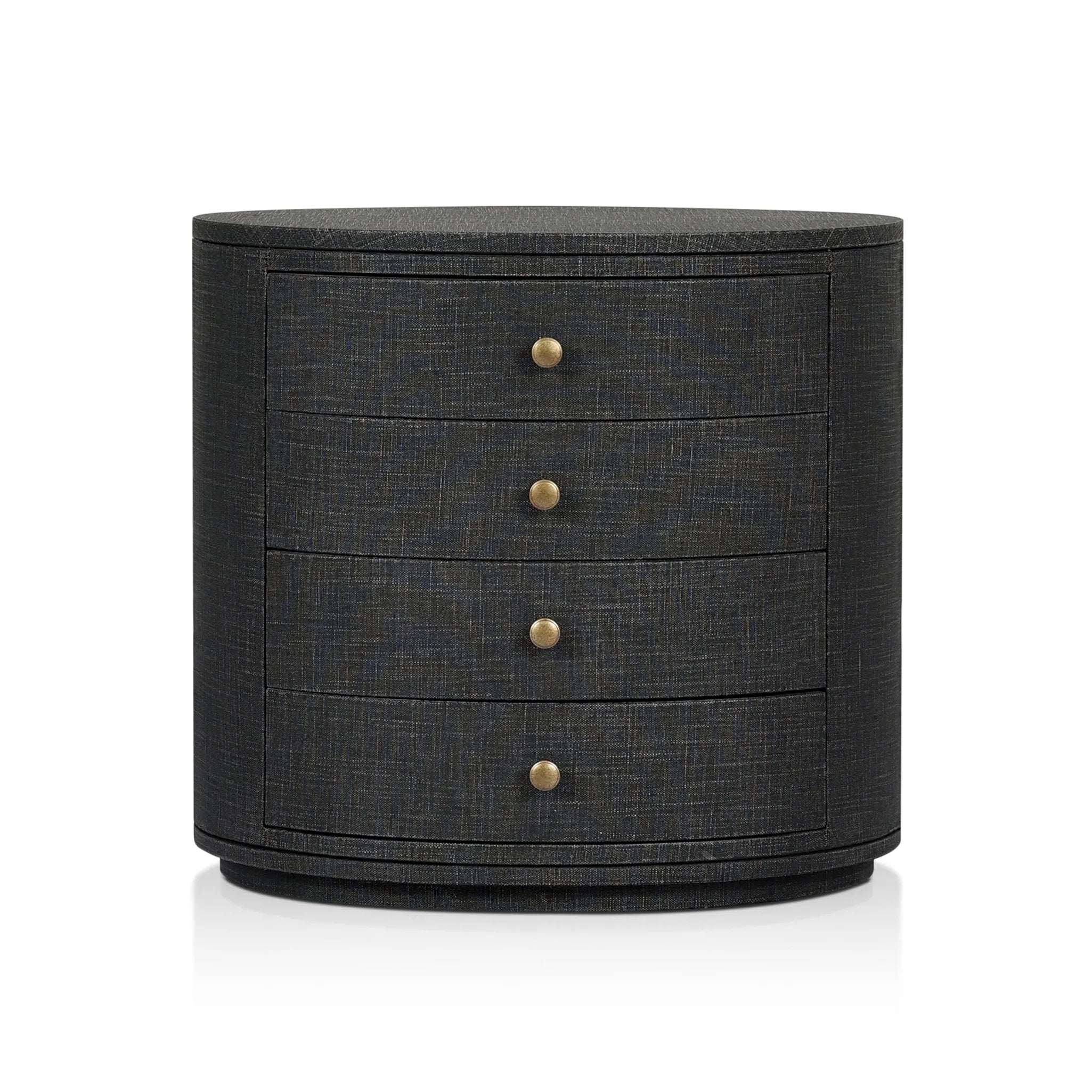 Uniquely made from black-painted linen, a beautifully curved nightstand shapes four drawers for generous bedside storage Amethyst Home provides interior design, new home construction design consulting, vintage area rugs, and lighting in the Scottsdale metro area.