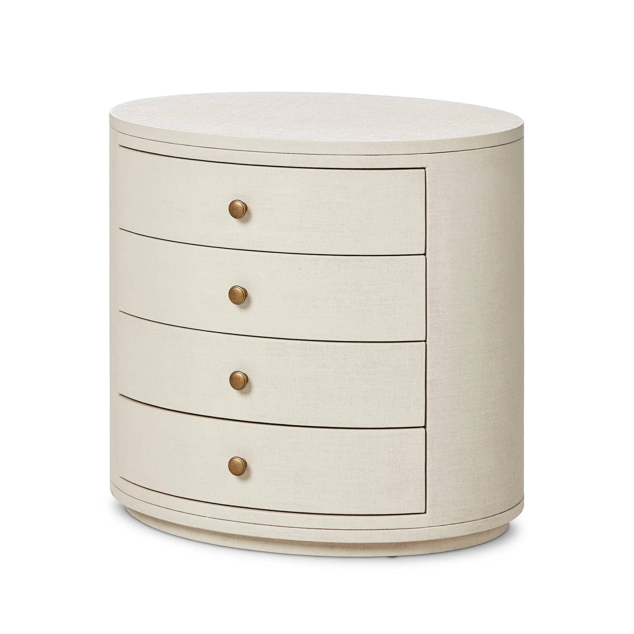 Uniquely made from ivory-painted linen, a beautifully curved nightstand shapes four drawers for generous bedside storage Amethyst Home provides interior design, new home construction design consulting, vintage area rugs, and lighting in the Salt Lake City metro area.