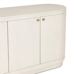 Uniquely made from ivory-painted linen, a beautifully curved sideboard gives shape to generous storage for dinnerware, linens and more Amethyst Home provides interior design, new home construction design consulting, vintage area rugs, and lighting in the Dallas metro area.