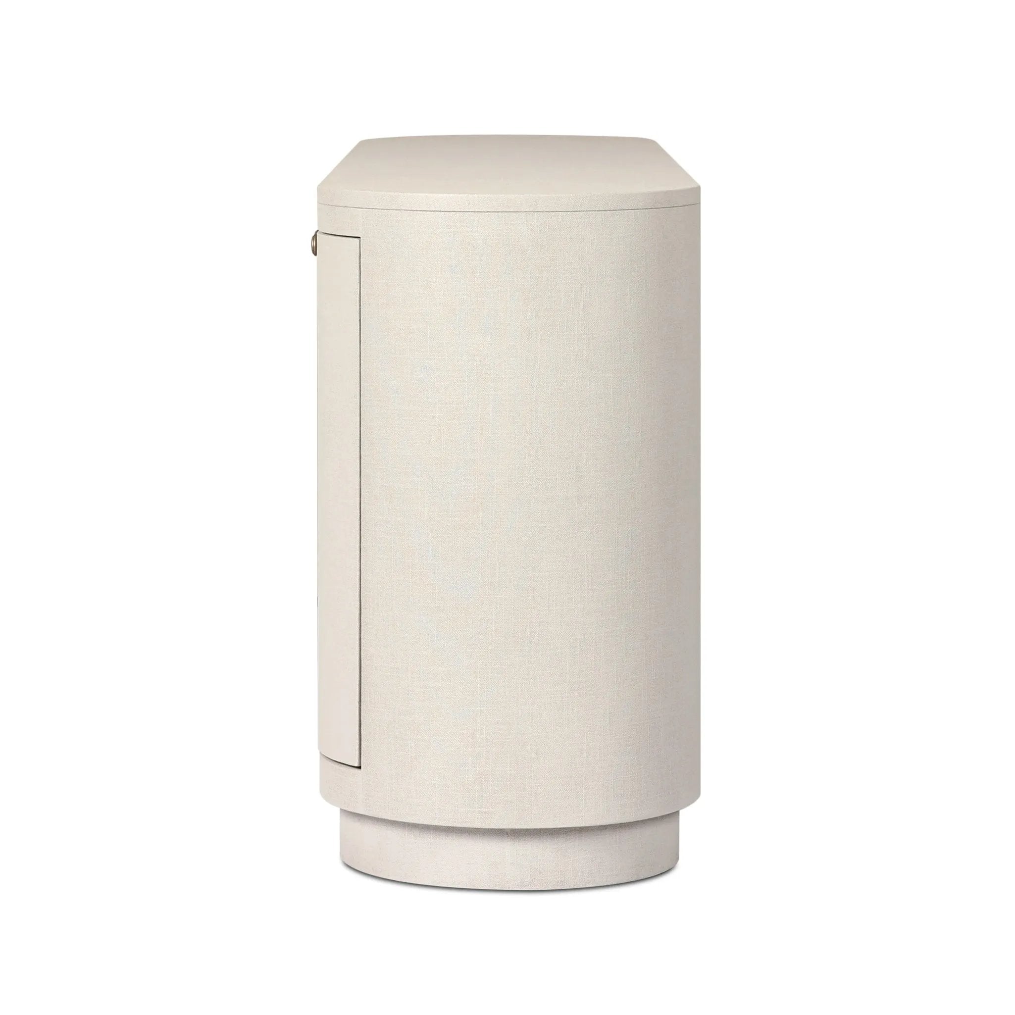 Uniquely made from ivory-painted linen, a beautifully curved sideboard gives shape to generous storage for dinnerware, linens and more Amethyst Home provides interior design, new home construction design consulting, vintage area rugs, and lighting in the Houston metro area.