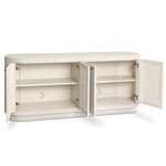 Uniquely made from ivory-painted linen, a beautifully curved sideboard gives shape to generous storage for dinnerware, linens and more Amethyst Home provides interior design, new home construction design consulting, vintage area rugs, and lighting in the Monterey metro area.