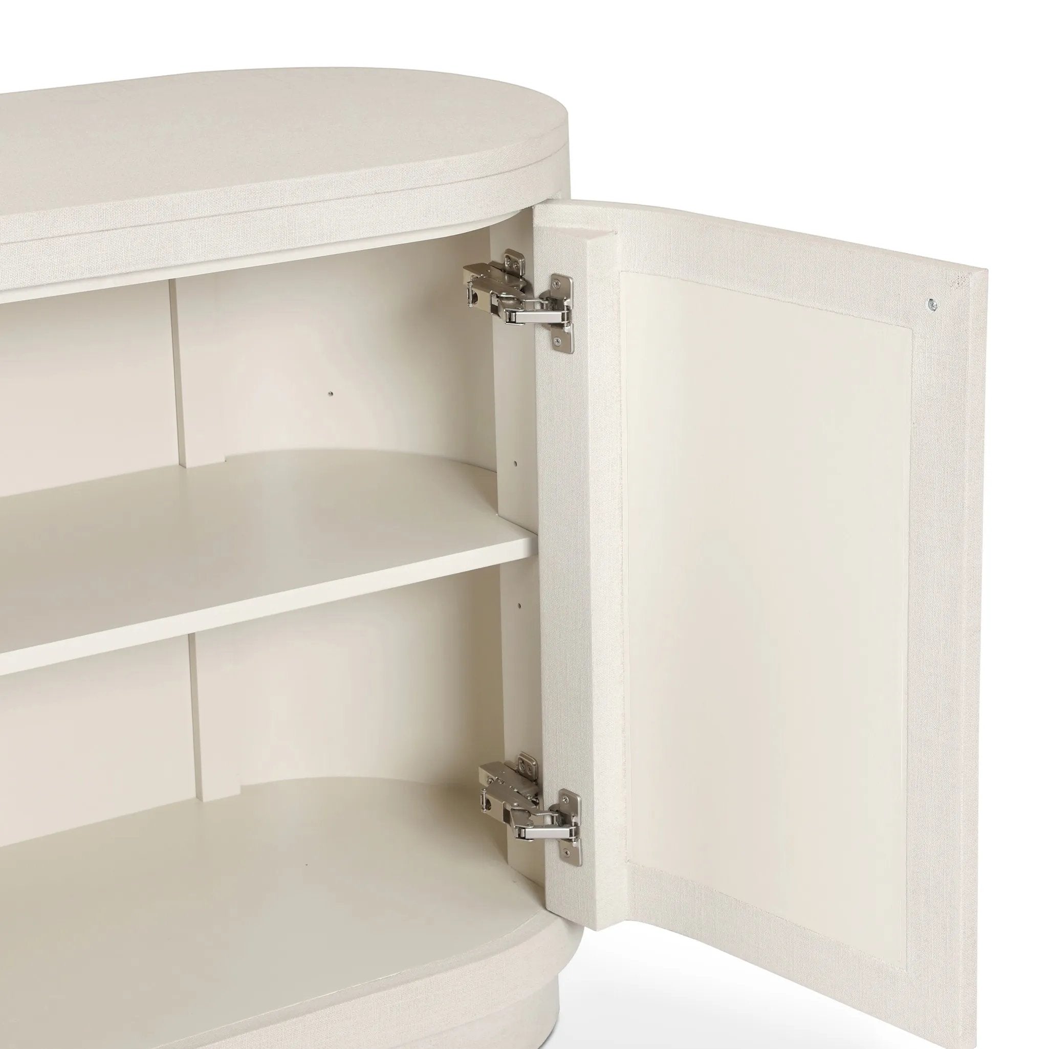 Uniquely made from ivory-painted linen, a beautifully curved sideboard gives shape to generous storage for dinnerware, linens and more Amethyst Home provides interior design, new home construction design consulting, vintage area rugs, and lighting in the Portland metro area.
