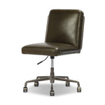 This armless desk chair adds a clean, sleek touch to any workspace. Dark olive top-grain leather paired with a gunmetal 360-degree swivel base and accents allows the simple piece to stand out.As fans of modern style at Amethyst, we love the designer inspired Amos Armless Desk Chair - Dulane Moss. Amethyst Home provides interior design, new home construction design consulting, vintage area rugs, and lighting in the Des Moines metro area.