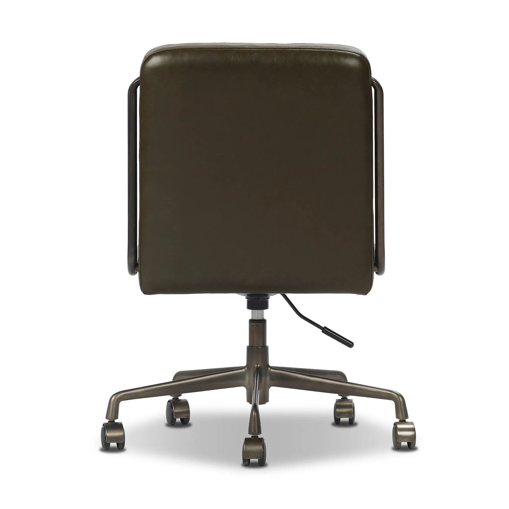 This armless desk chair adds a clean, sleek touch to any workspace. Dark olive top-grain leather paired with a gunmetal 360-degree swivel base and accents allows the simple piece to stand out.As fans of modern style at Amethyst, we love the designer inspired Amos Armless Desk Chair - Dulane Moss. Amethyst Home provides interior design, new home construction design consulting, vintage area rugs, and lighting in the Portland metro area.