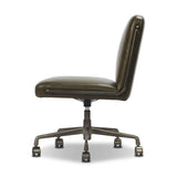 This armless desk chair adds a clean, sleek touch to any workspace. Dark olive top-grain leather paired with a gunmetal 360-degree swivel base and accents allows the simple piece to stand out.As fans of modern style at Amethyst, we love the designer inspired Amos Armless Desk Chair - Dulane Moss. Amethyst Home provides interior design, new home construction design consulting, vintage area rugs, and lighting in the Washington metro area.