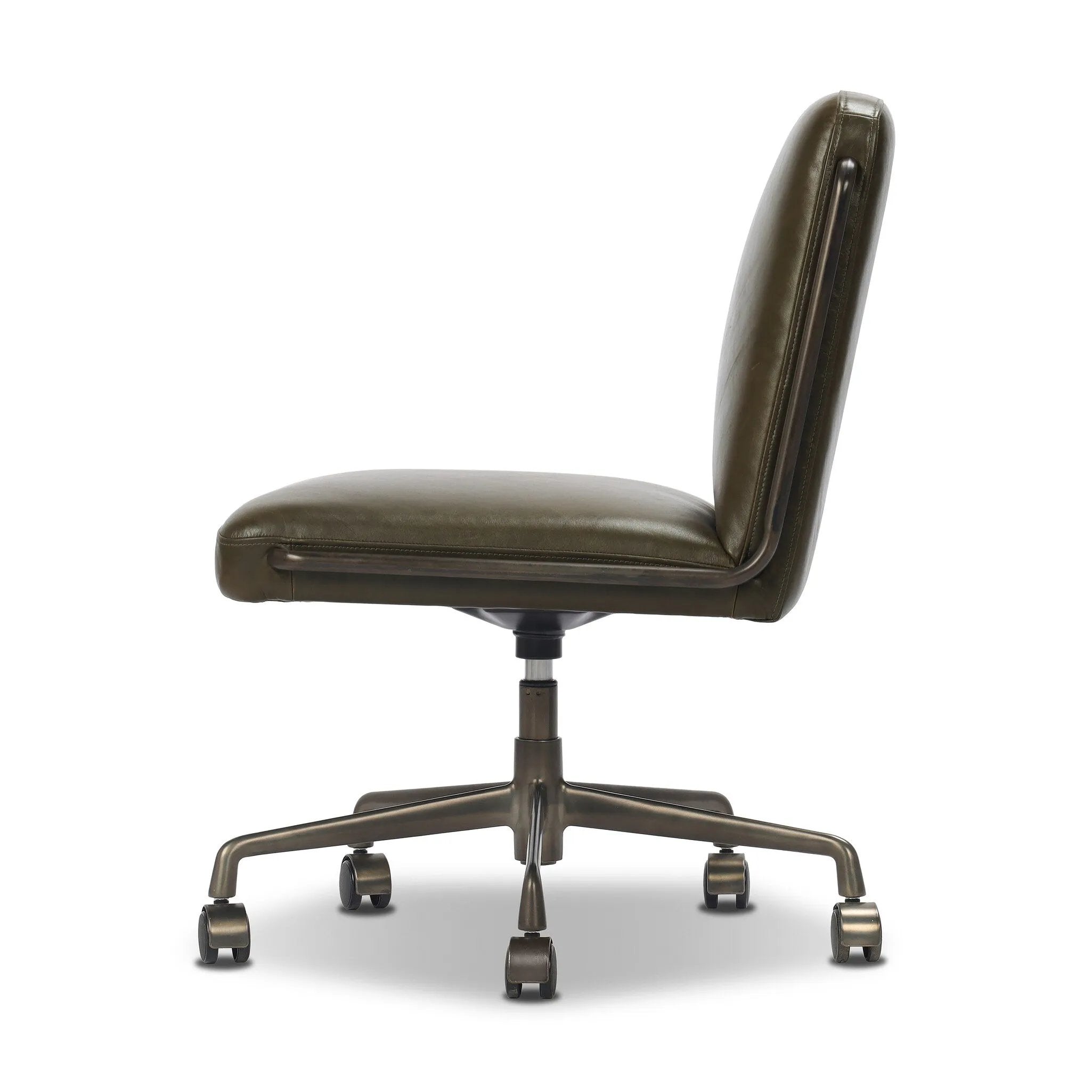 This armless desk chair adds a clean, sleek touch to any workspace. Dark olive top-grain leather paired with a gunmetal 360-degree swivel base and accents allows the simple piece to stand out.As fans of modern style at Amethyst, we love the designer inspired Amos Armless Desk Chair - Dulane Moss. Amethyst Home provides interior design, new home construction design consulting, vintage area rugs, and lighting in the Washington metro area.