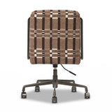 This bold desk chair features a playfully patterned fabric inspired by vintage Swedish textiles that brings any workspace to life. A gunmetal swivel base adds a touch of shine.As lovers of luxe style at Amethyst, we love the optimistic inspired Amos Armless Desk Chair - Sandhill Cocoa. Amethyst Home provides interior design, new home construction design consulting, vintage area rugs, and lighting in the Boston metro area.