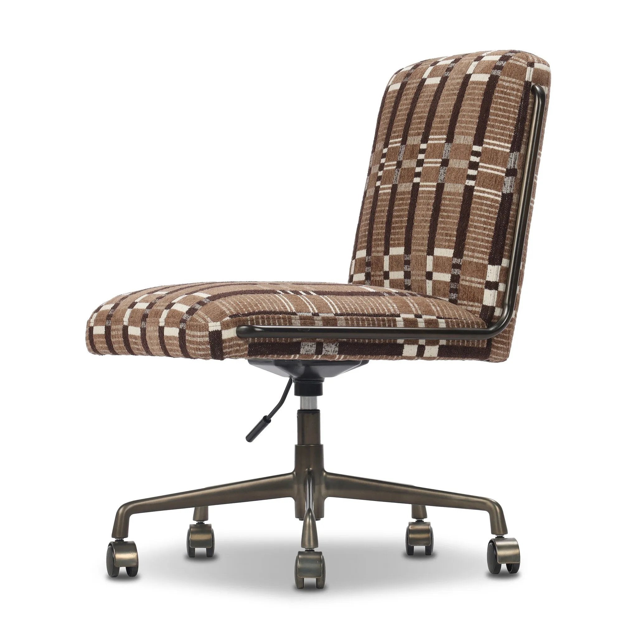 This bold desk chair features a playfully patterned fabric inspired by vintage Swedish textiles that brings any workspace to life. A gunmetal swivel base adds a touch of shine.As lovers of luxe style at Amethyst, we love the optimistic inspired Amos Armless Desk Chair - Sandhill Cocoa. Amethyst Home provides interior design, new home construction design consulting, vintage area rugs, and lighting in the Dallas metro area.