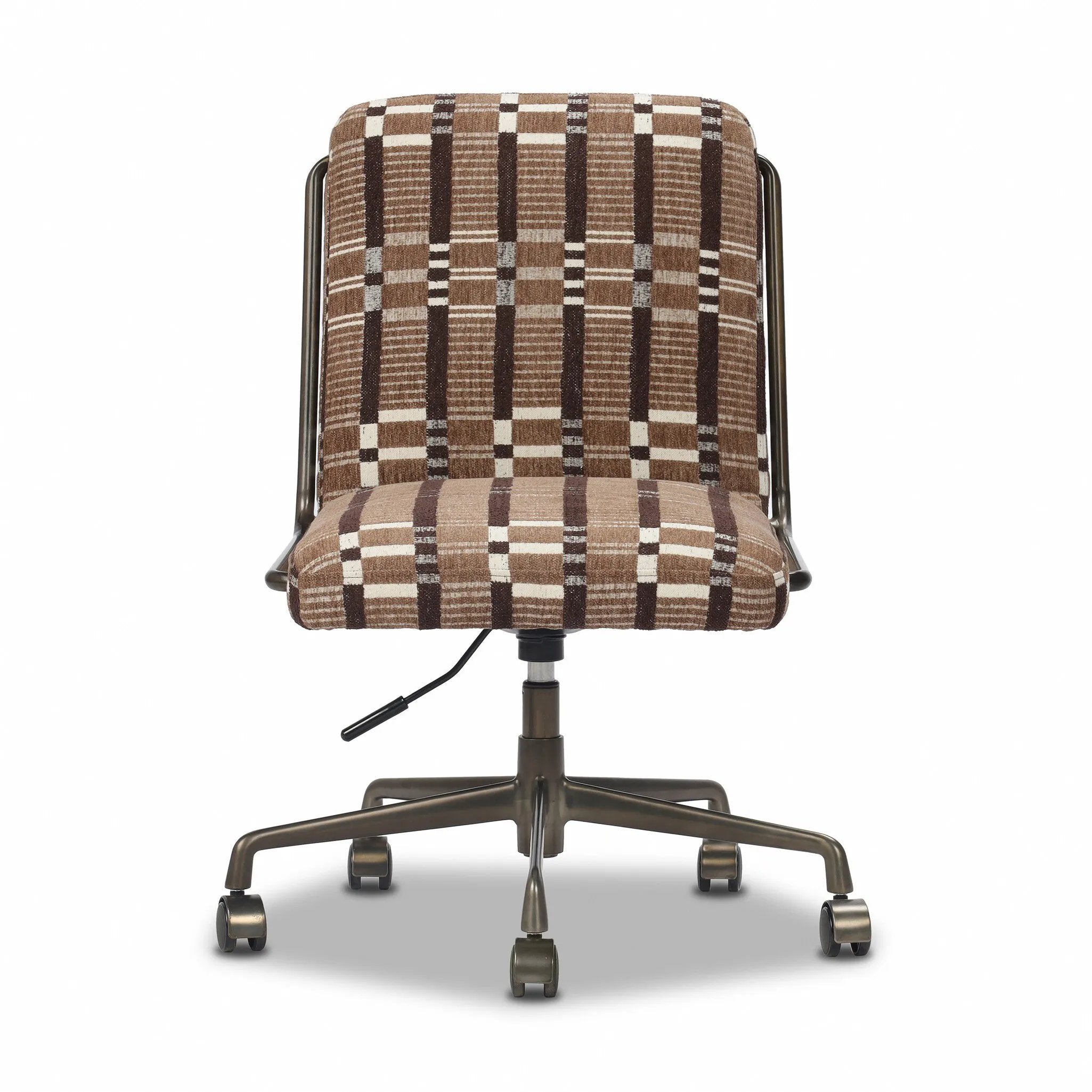 This bold desk chair features a playfully patterned fabric inspired by vintage Swedish textiles that brings any workspace to life. A gunmetal swivel base adds a touch of shine.As lovers of luxe style at Amethyst, we love the optimistic inspired Amos Armless Desk Chair - Sandhill Cocoa. Amethyst Home provides interior design, new home construction design consulting, vintage area rugs, and lighting in the Houston metro area.