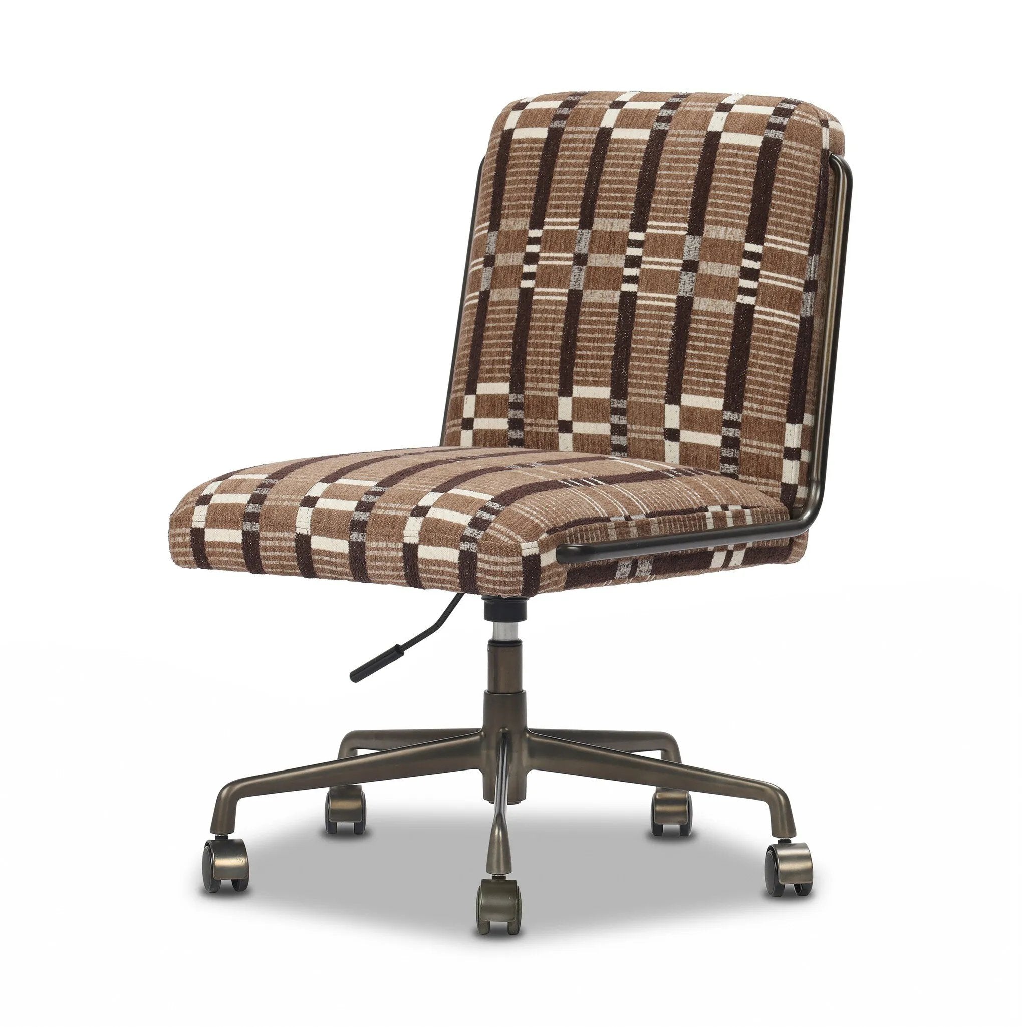 This bold desk chair features a playfully patterned fabric inspired by vintage Swedish textiles that brings any workspace to life. A gunmetal swivel base adds a touch of shine.As lovers of luxe style at Amethyst, we love the optimistic inspired Amos Armless Desk Chair - Sandhill Cocoa. Amethyst Home provides interior design, new home construction design consulting, vintage area rugs, and lighting in the Laguna Beach metro area.
