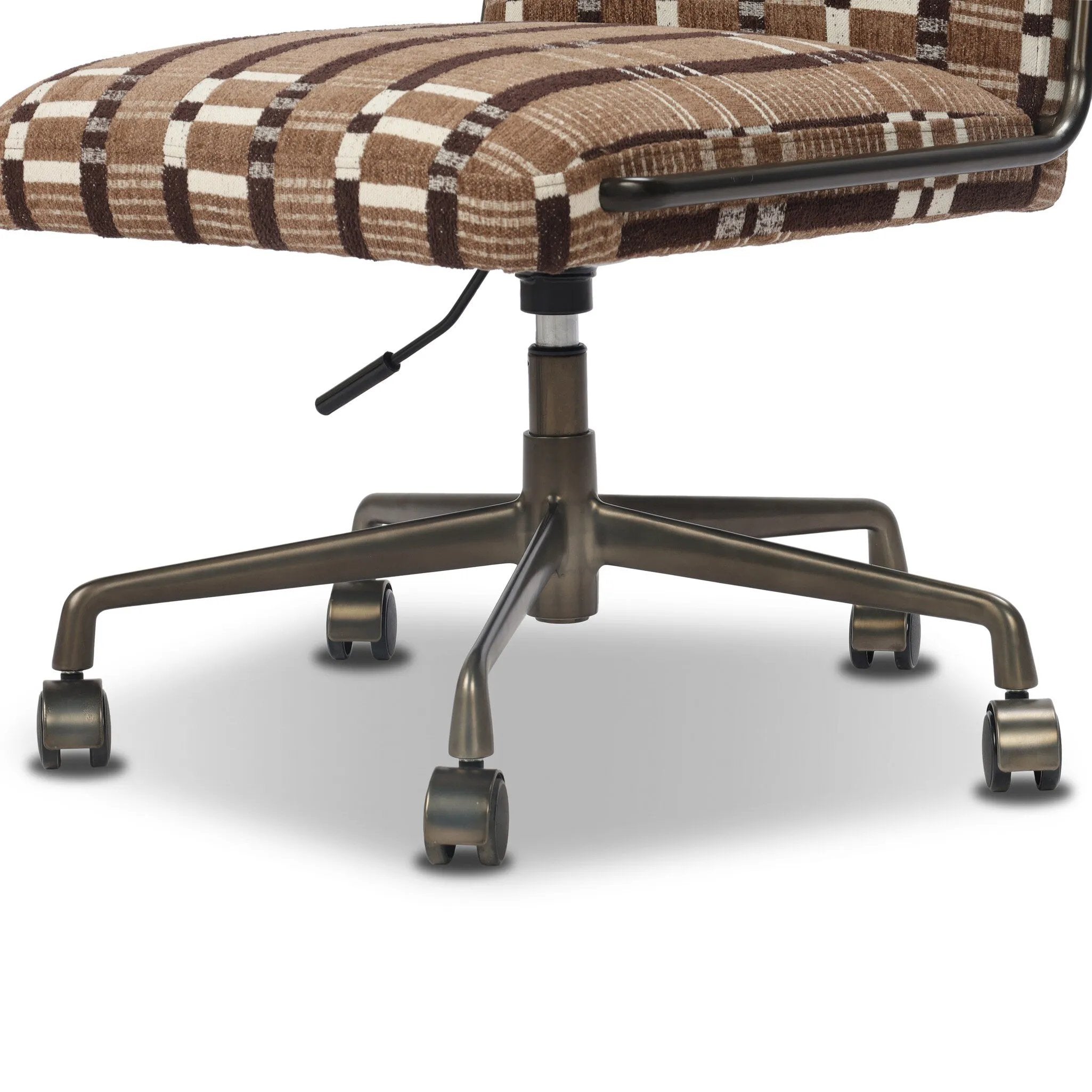 This bold desk chair features a playfully patterned fabric inspired by vintage Swedish textiles that brings any workspace to life. A gunmetal swivel base adds a touch of shine.As lovers of luxe style at Amethyst, we love the optimistic inspired Amos Armless Desk Chair - Sandhill Cocoa. Amethyst Home provides interior design, new home construction design consulting, vintage area rugs, and lighting in the Los Angeles metro area.