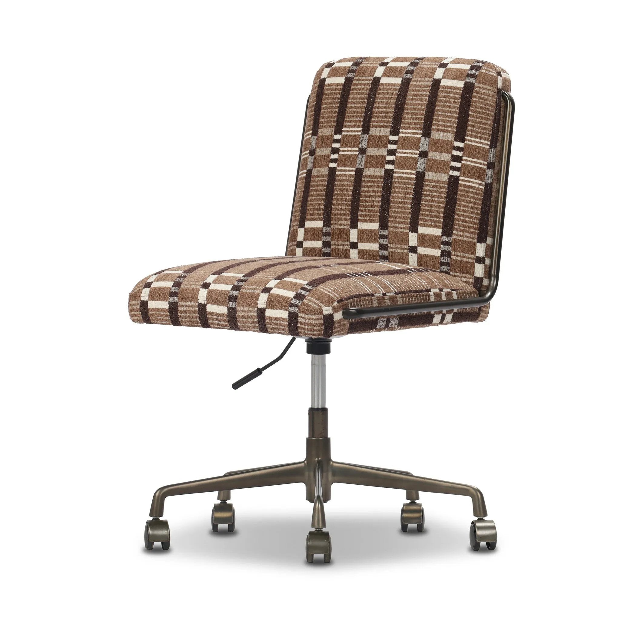 This bold desk chair features a playfully patterned fabric inspired by vintage Swedish textiles that brings any workspace to life. A gunmetal swivel base adds a touch of shine.As lovers of luxe style at Amethyst, we love the optimistic inspired Amos Armless Desk Chair - Sandhill Cocoa. Amethyst Home provides interior design, new home construction design consulting, vintage area rugs, and lighting in the Omaha metro area.