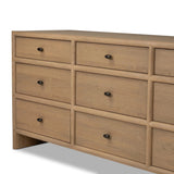 Crafted from sandy solid oak in a waterfall silhouette, this storage-driven dresser adds a touch of contemporary simplicity to your bedroom. A bullnose edge and oval iron drawer pulls add variety.As enthusiasts of modern design at Amethyst, we love the designer inspired Analisa 9 Drawer Dresser - Sandy Oak. Amethyst Home provides interior design, new home construction design consulting, vintage area rugs, and lighting in the Dallas metro area.