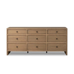 Crafted from sandy solid oak in a waterfall silhouette, this storage-driven dresser adds a touch of contemporary simplicity to your bedroom. A bullnose edge and oval iron drawer pulls add variety.As enthusiasts of modern design at Amethyst, we love the designer inspired Analisa 9 Drawer Dresser - Sandy Oak. Amethyst Home provides interior design, new home construction design consulting, vintage area rugs, and lighting in the Monterey metro area.