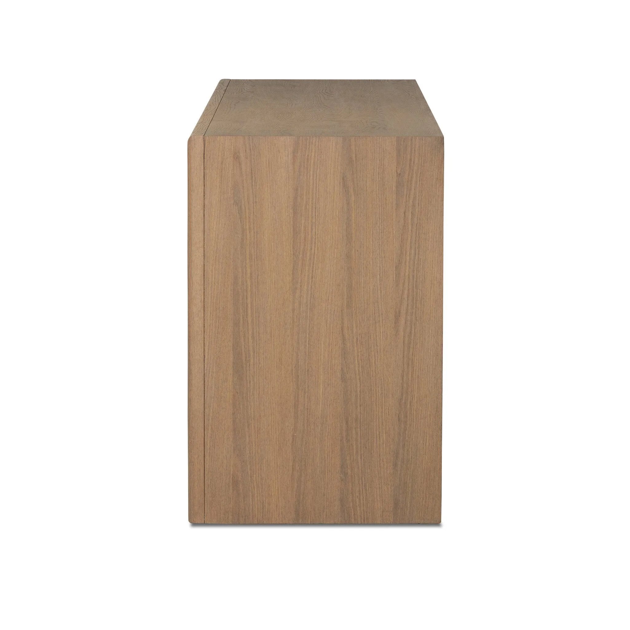 Crafted from sandy solid oak in a waterfall silhouette, this storage-driven dresser adds a touch of contemporary simplicity to your bedroom. A bullnose edge and oval iron drawer pulls add variety.As enthusiasts of modern design at Amethyst, we love the designer inspired Analisa 9 Drawer Dresser - Sandy Oak. Amethyst Home provides interior design, new home construction design consulting, vintage area rugs, and lighting in the Winter Garden metro area.