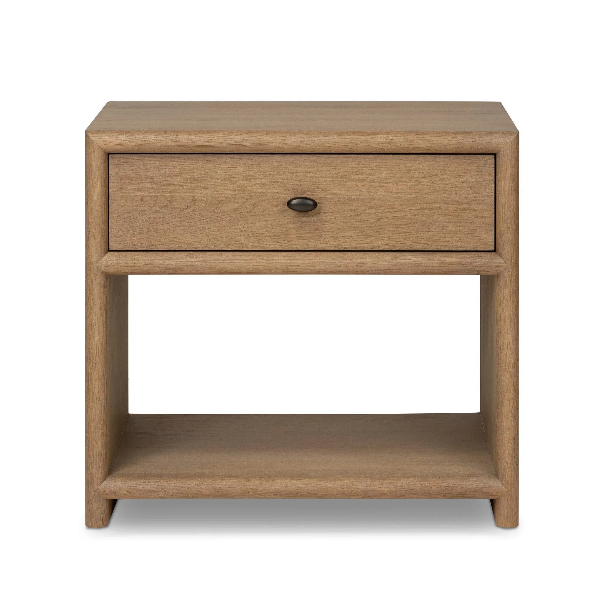 Crafted from sandy solid oak in a waterfall silhouette, this nightstand adds a touch of contemporary simplicity to the bedside. Stack your favorite books on a spacious bottom shelf. The piece’s bullnose edge and oval iron drawer pull add variety. Amethyst Home provides interior design, new home construction design consulting, vintage area rugs, and lighting in the Monterey metro area.
