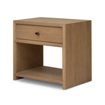 Crafted from sandy solid oak in a waterfall silhouette, this nightstand adds a touch of contemporary simplicity to the bedside. Stack your favorite books on a spacious bottom shelf. The piece’s bullnose edge and oval iron drawer pull add variety. Amethyst Home provides interior design, new home construction design consulting, vintage area rugs, and lighting in the Omaha metro area.