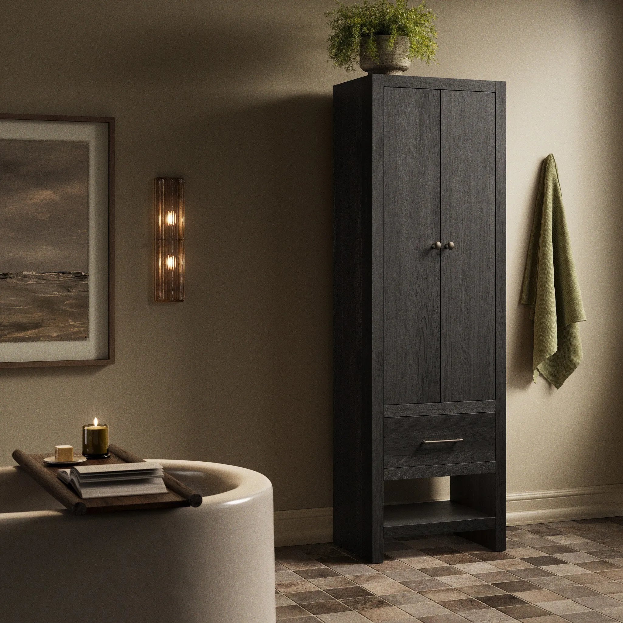 Slim format bath storage designed for towels, toiletries and more. Pair with a bath vanity for extended storage or as a narrow cabinet in any space.As lovers of luxe style at Amethyst, we love the nature inspired Anthem Bath Storage - Black Wash Oak - Black Wash Oak Veneer. Amethyst Home provides interior design, new home construction design consulting, vintage area rugs, and lighting in the Dallas metro area.