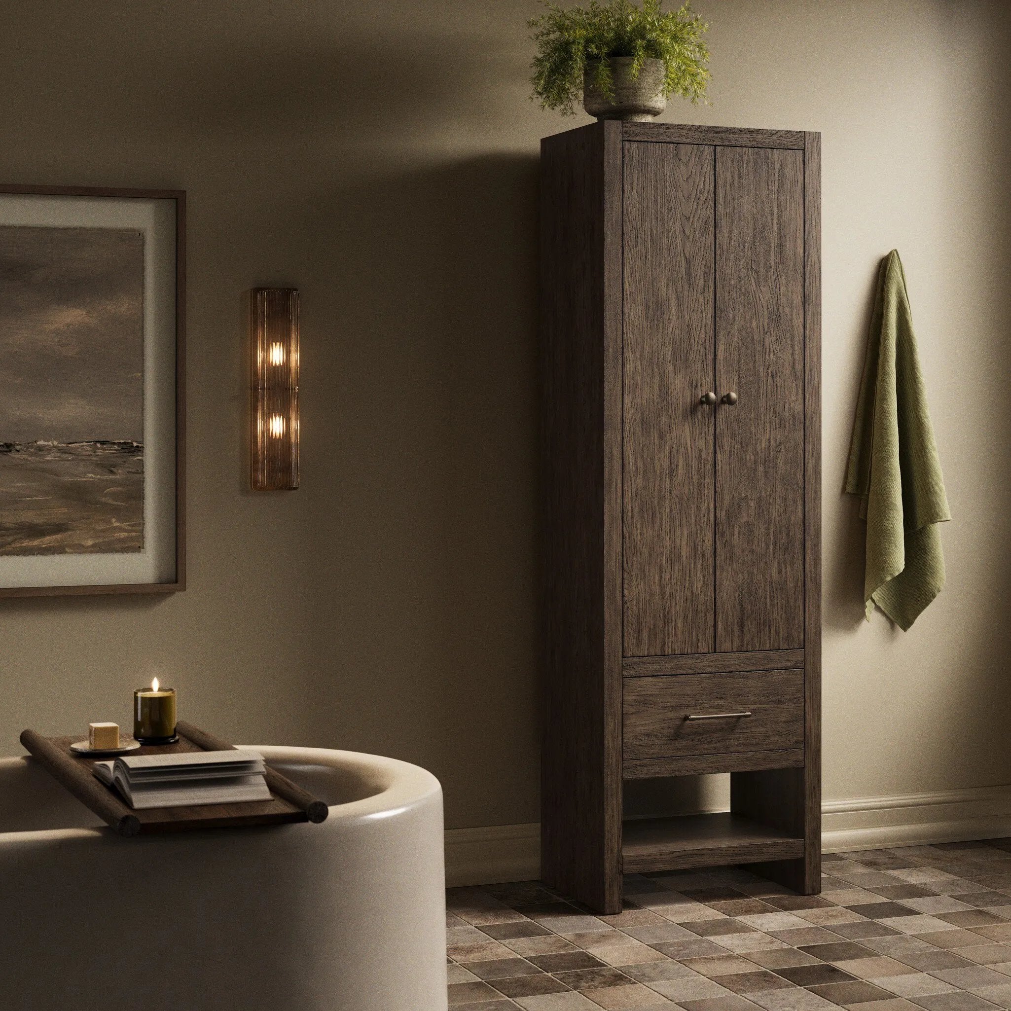 Slim format bath storage designed for towels, toiletries and more. Pair with a bath vanity for extended storage or as a narrow cabinet in any space.As fans of natural aesthetics at Amethyst, we love the nature inspired Anthem Bath Storage - Satin Espresso Oak - Satin Espresso Oak Veneer. Amethyst Home provides interior design, new home construction design consulting, vintage area rugs, and lighting in the Boston metro area.