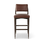 Featuring Anton Havana Brown  Bar + Counter Stool by Four Hands at Amethyst Home. Eighties inspiration gone modern. With iron-dipped caps, tapered legs of solid oak frame this counter stool's seat and back, upholstered in brown top-grain leather. Slim wood stretchers add an airy vibe.BarOverall Dimensions: 20.00"w x 23.75"d x 42.75"hWeight: 18.08 lbsCounter. Amethyst Home provides interior design, new home construction design consulting, vintage area rugs, and lighting in the Charlotte metro area.