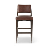 Featuring Anton Havana Brown  Bar + Counter Stool by Four Hands at Amethyst Home. Eighties inspiration gone modern. With iron-dipped caps, tapered legs of solid oak frame this counter stool's seat and back, upholstered in brown top-grain leather. Slim wood stretchers add an airy vibe.BarOverall Dimensions: 20.00"w x 23.75"d x 42.75"hWeight: 18.08 lbsCounter. Amethyst Home provides interior design, new home construction design consulting, vintage area rugs, and lighting in the Charlotte metro area.