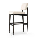 Featuring Anton Savile Flax Bar + Counter Stool by Four Hands at Amethyst Home. Eighties inspiration gone modern. With iron-dipped caps, tapered legs of solid oak frame this bar stool's seat and back, upholstered in light performance fabric. Slim wood stretchers add an airy vibe to this counter stool. Performance fabrics are specially created to withst. Amethyst Home provides interior design, new home construction design consulting, vintage area rugs, and lighting in the Salt Lake City metro area.