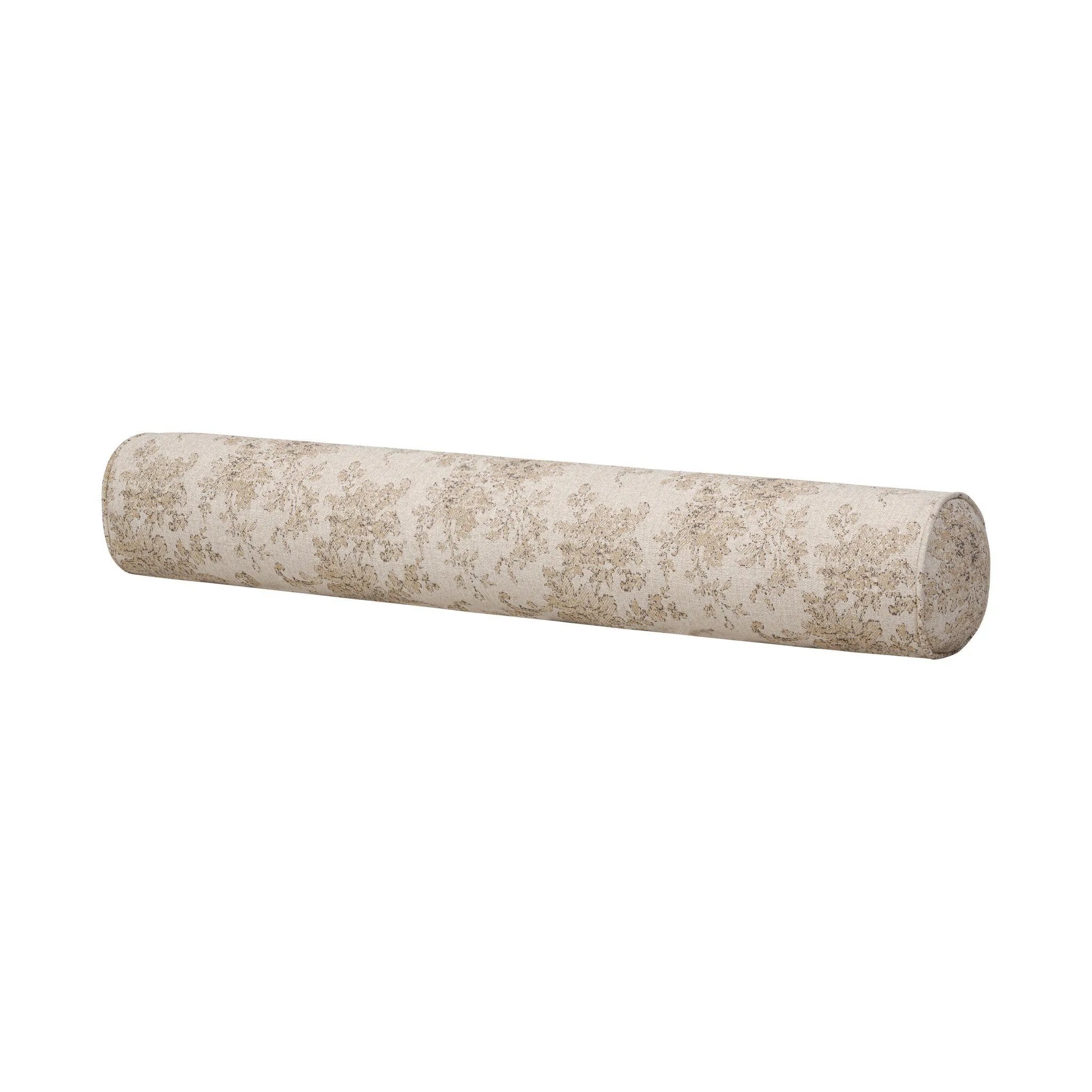 Elevate your bedroom styling with a linen-blend bolster pillow featuring a damask pattern Amethyst Home provides interior design, new home construction design consulting, vintage area rugs, and lighting in the Houston metro area.