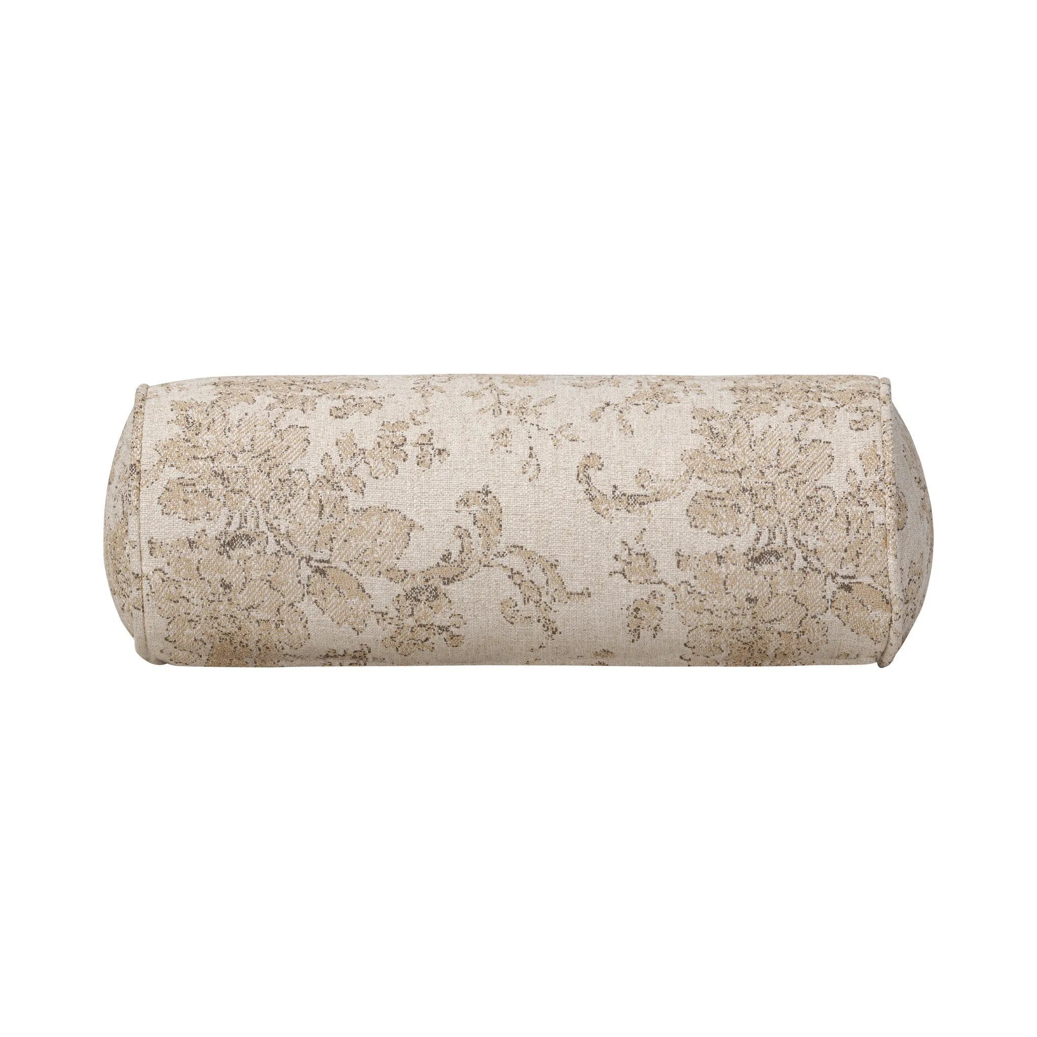Elevate your bedroom styling with a linen-blend bolster pillow featuring a damask pattern Amethyst Home provides interior design, new home construction design consulting, vintage area rugs, and lighting in the Winter Garden metro area.