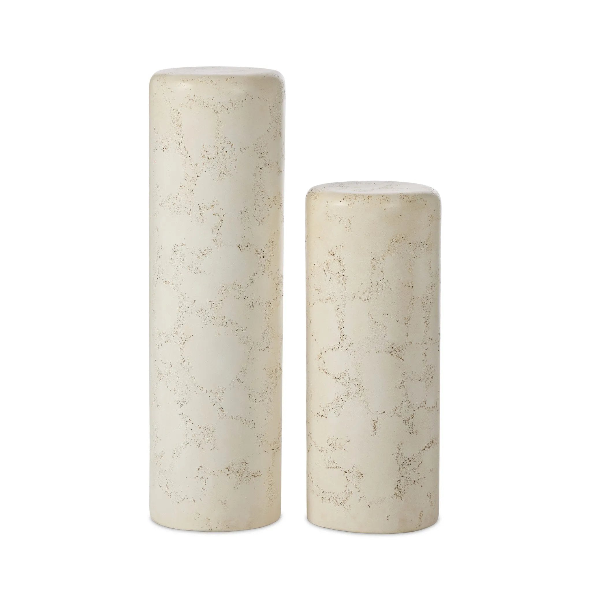 Minimalist design with a soft bullnose edge detail softens a pair of cylindrical pedestals, grounded by aged white concrete that's rich in texture.As lovers of modern style at Amethyst, we love the warm modern inspired Arati Pedestal Set - Aged White Concrete. Amethyst Home provides interior design, new home construction design consulting, vintage area rugs, and lighting in the Newport Beach metro area.
