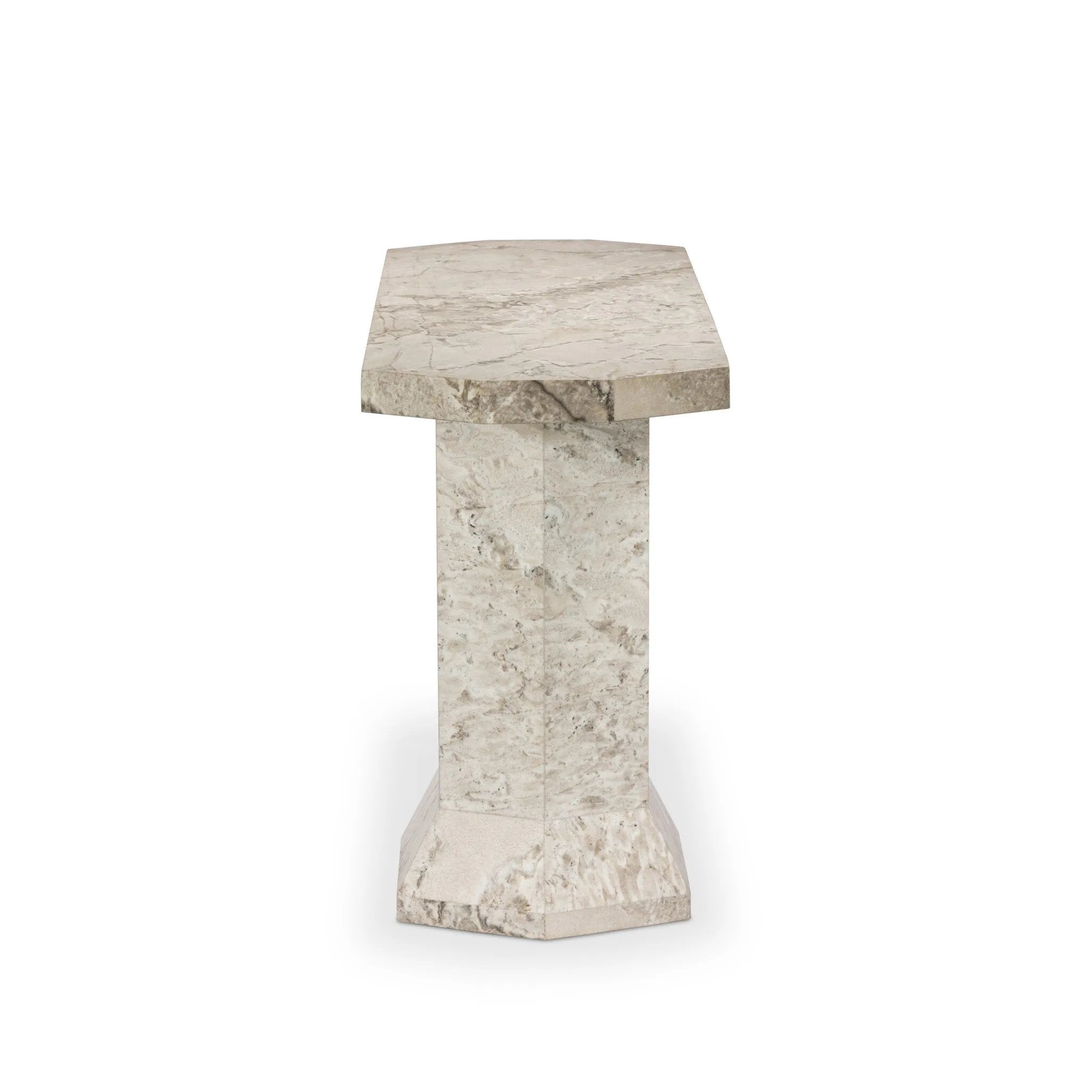 Monolithic and bold, this pedestal-style console table is constructed of precisely cut, creamy brown marble. Angular edges and cut corners bring smooth surface transitions for subtle visual and geometric intrigue Amethyst Home provides interior design, new home construction design consulting, vintage area rugs, and lighting in the Calabasas metro area.