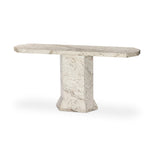 Monolithic and bold, this pedestal-style console table is constructed of precisely cut, creamy brown marble. Angular edges and cut corners bring smooth surface transitions for subtle visual and geometric intrigue Amethyst Home provides interior design, new home construction design consulting, vintage area rugs, and lighting in the Scottsdale metro area.