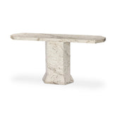 Monolithic and bold, this pedestal-style console table is constructed of precisely cut, creamy brown marble. Angular edges and cut corners bring smooth surface transitions for subtle visual and geometric intrigue Amethyst Home provides interior design, new home construction design consulting, vintage area rugs, and lighting in the Scottsdale metro area.